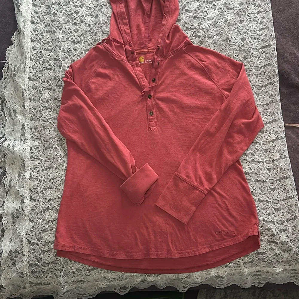 Carhartt beautiful salmon color hooded long sleeved tee 109% cotton sz lg - Picture 3 of 5